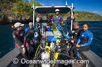 Scuba divers prepare to go diving aboard a diving vessel at Christmas Island, Indian Ocean, Australia.