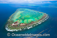 Aerial view of One Tree Island and reef, with Wistari Reef, Heron Island Reef and Sykes Reef visible in background. One Tree Island is a small coral cay located near the Tropic of Capricorn, Sth Great Barrier Reef, Australia. Note Red Tide Algal Bloom.