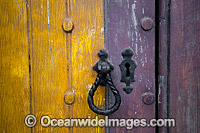 Old lock to the front door of St Andrews Uniting Church. This historic church was built in 1864 and is a major attraction in the City of Ballarat. Ballarat, Victoria, Australia.