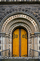 Front door to St Andrews Uniting Church. This historic church was built in 1864 and is a major attraction in the City of Ballarat. Ballarat, Victoria, Australia.
