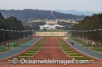 Parliament House on Capital Hill, looking down Anzac Ave, Canberra. Parliament House is the meeting facility of the Parliament of Australia, situated in the Australian Capital Territory, Australia.
