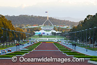 Parliament House on Capital Hill, looking down Anzac Ave, Canberra. Parliament House is the meeting facility of the Parliament of Australia, situated in the Australian Capital Territory, Australia.