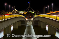 Parliament House at pre dawn, viewed from Commonwealth Ave Bridge, Canberra. Parliament House is the meeting facility of the Parliament of Australia, situated in the Australian Capital Territory, Australia.