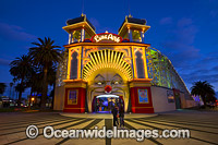 The entrance to Melbourne's Luna Park. This historic amusement park opened in 1912 and is located on the foreshore of Port Phillip Bay in St Kilda, Melbourne, Victoria, Aust