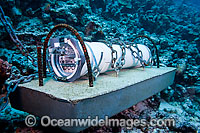 A sound recording device from the University of Hawaii anchored on a reef off the Big Island, Hawaii, Pacific Ocean.