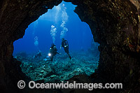 Divers explore lava tube Photo - David Fleetham