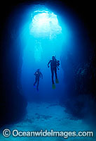 Scuba Divers entering an undersea cavern at Lord Howe Island. Lord Howe Island, World Heritage National Park, New South Wales, Australia.