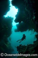 Diver exploring an underwater sea cavern. Kimbe Bay, Papua New Guinea.