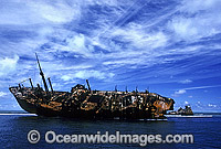 Freighter shipwreck, 'Runic', high and dry on Middleton Reef after running aground during 1961 cyclone. Middleton Reef, New South Wales, Australia.