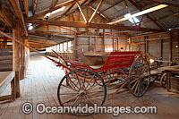 Historic horse drawn Passenger Wagon inside the historic Kinchega Woolshed. Kinchega National Park, near Menindee, New South Wales, Australia