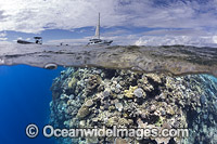 Split scene showing a tropical coral reef and a live-aboard dive vessel. Photo taken at the Fijian Islands.