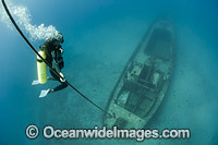Diver exploring the Carthaginian, a Lahaina landmark sunk as an artifical reef off Lahaina, Maui, Hawaii in December 2005. USA.